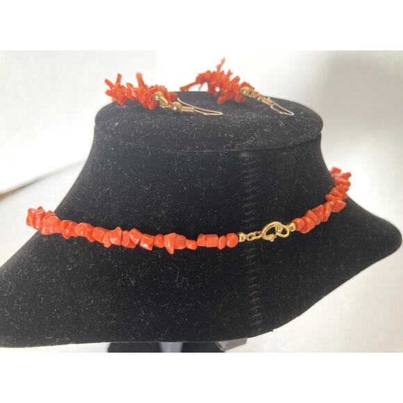 Red Coral Natural Branch Beaded Necklace And Earings Vintage - Picture 3 of 4